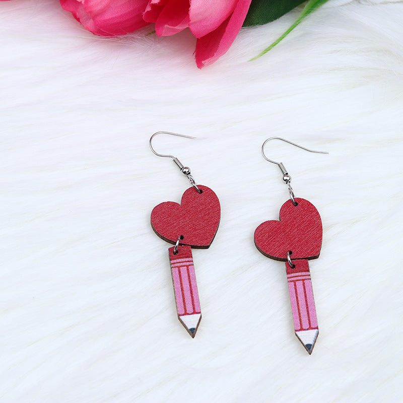 Wholesale Teacher's Day Heart Hollow Wooden Earrings
